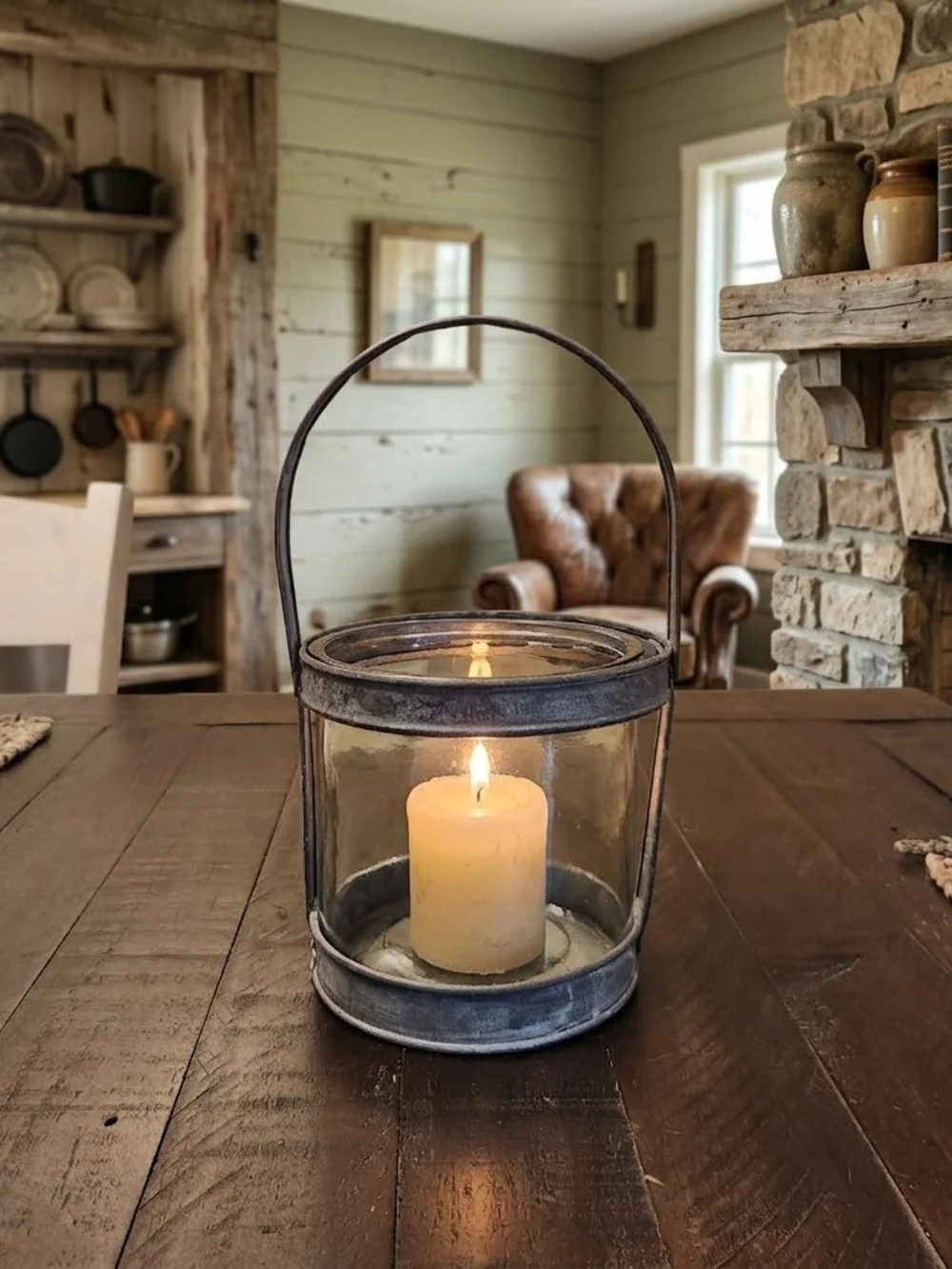 Rustic Distressed Metal & Glass Candle Lantern
